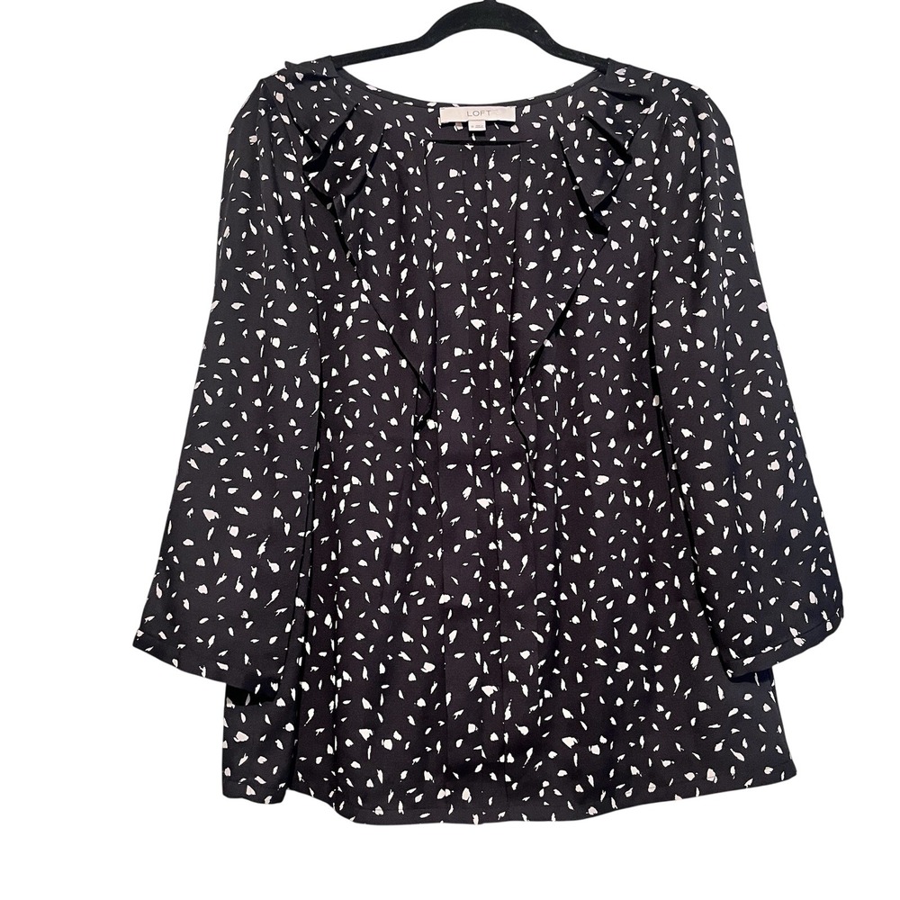 LOFT Blouse Womens Black White Abstract Ruffle V-Neck Pleated Top Size M